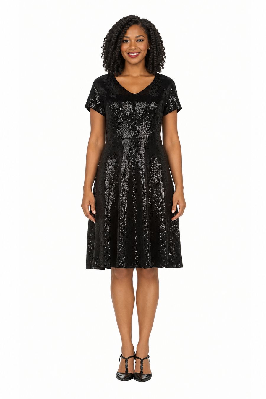 Short Sleeve V-neck Sequins A-line Dress - Plus