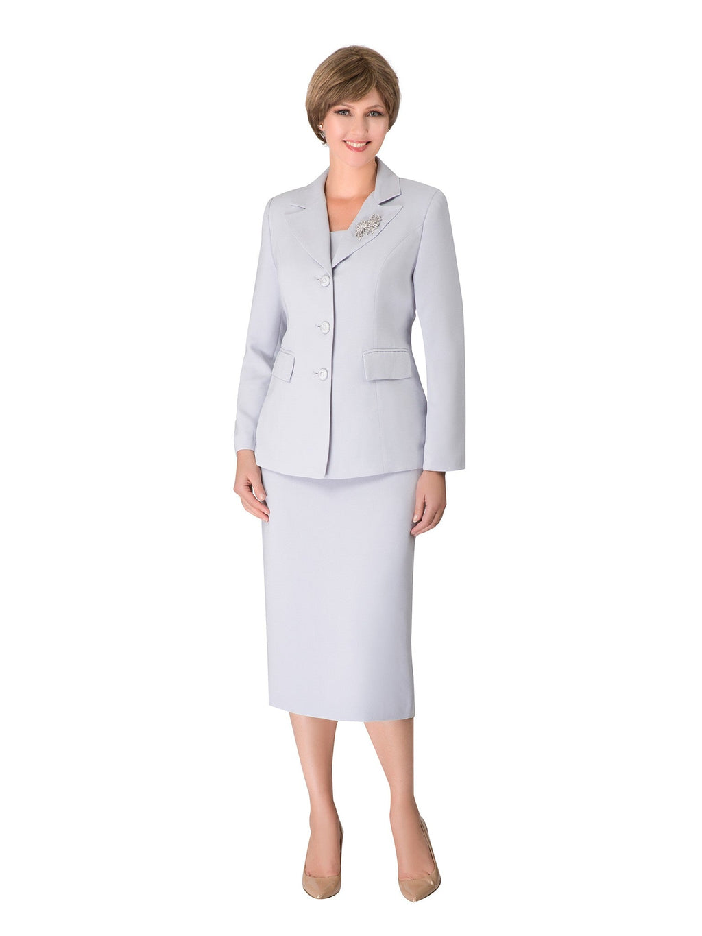 2pc Notch Collar 3-button Skirt Suit w/ Brooch - Plus Size