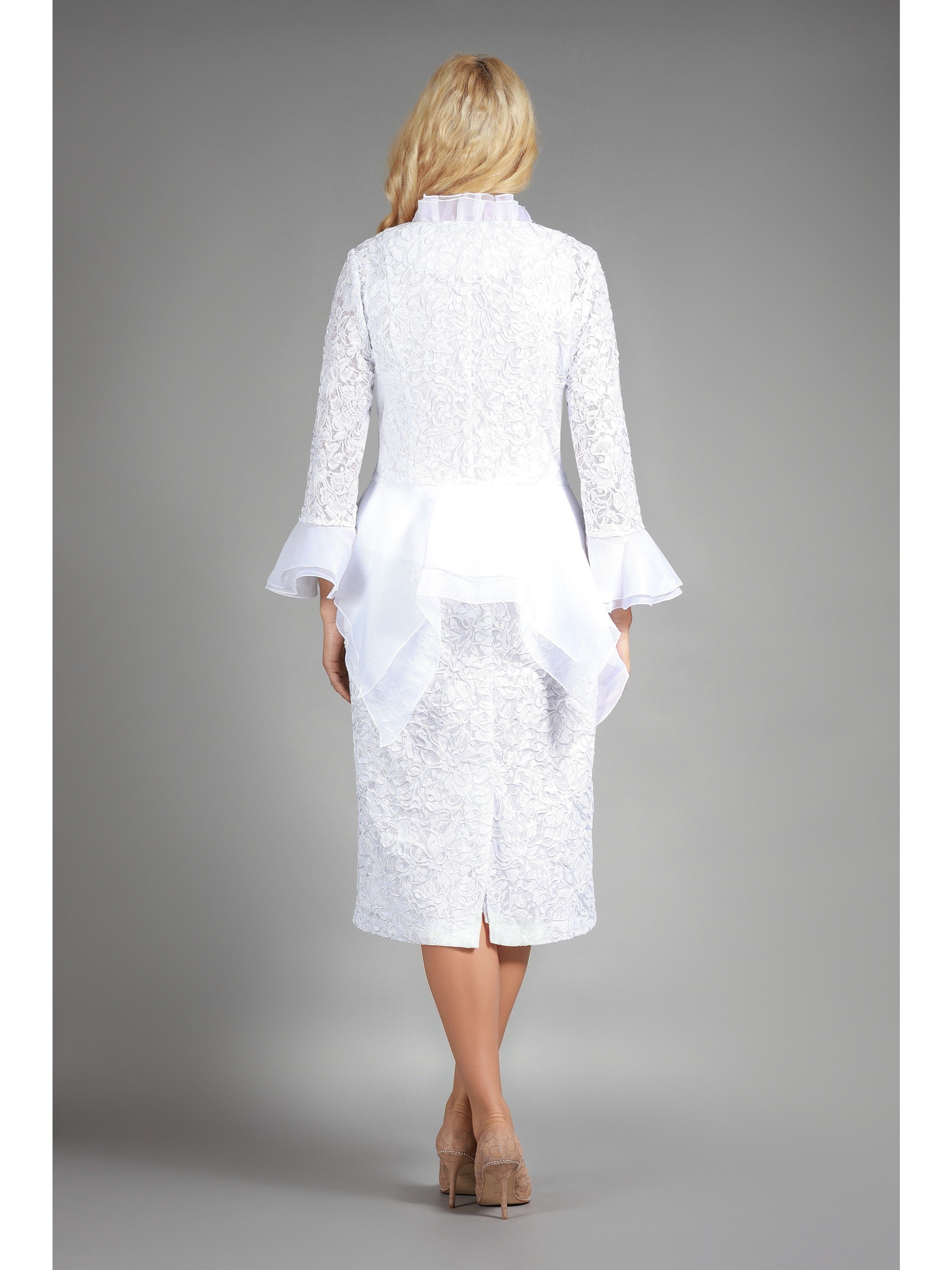 3pc Lace Suit w/ Ruffled Neckline & Organza Trim