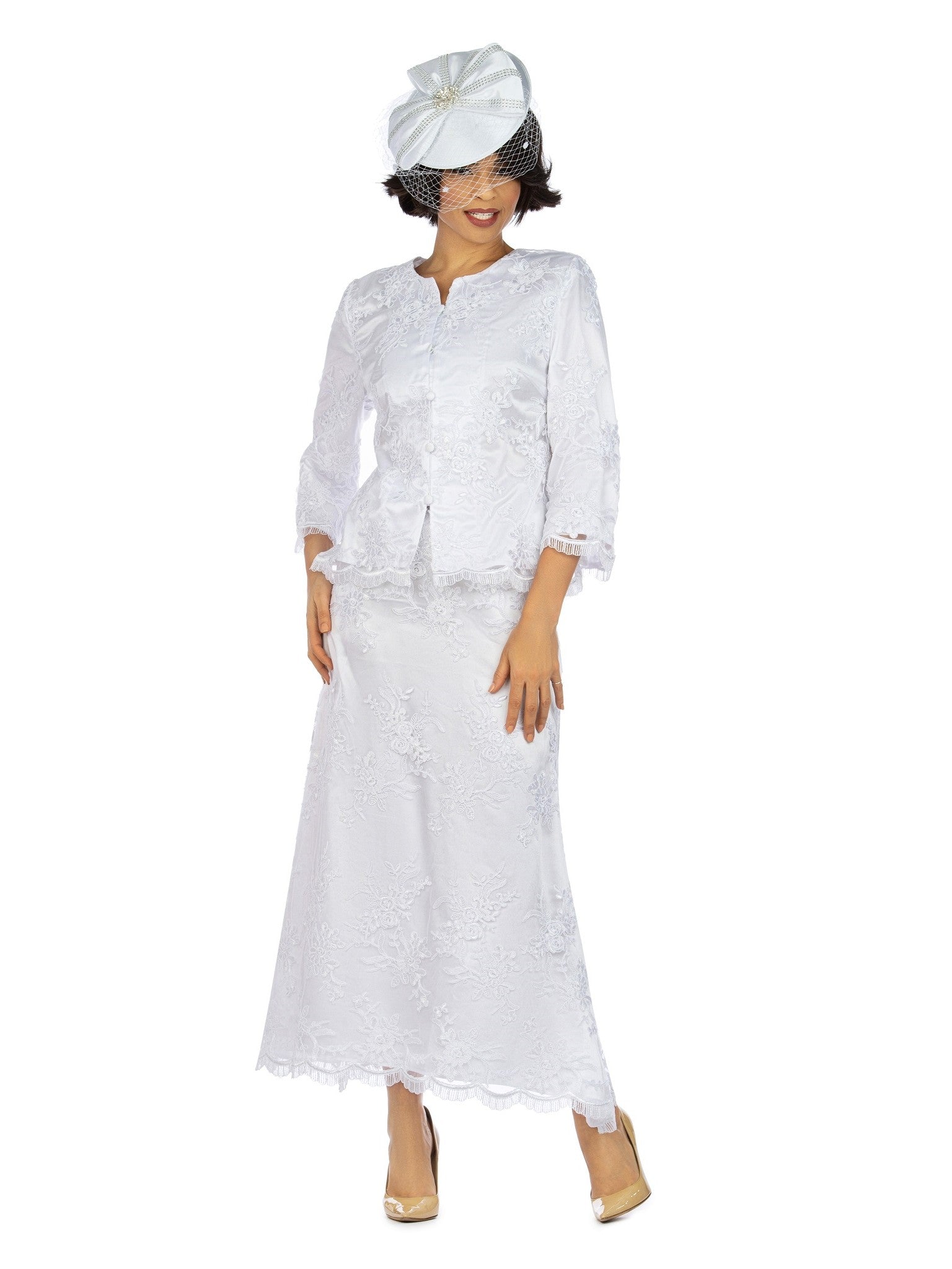 2pc Bell Slv Crochet Hemmed Lace Skirt Suit-Plus