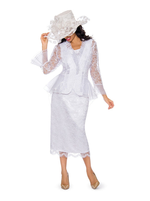 3pc Lace Suit w/ Ruffled Neckline & Organza Trim