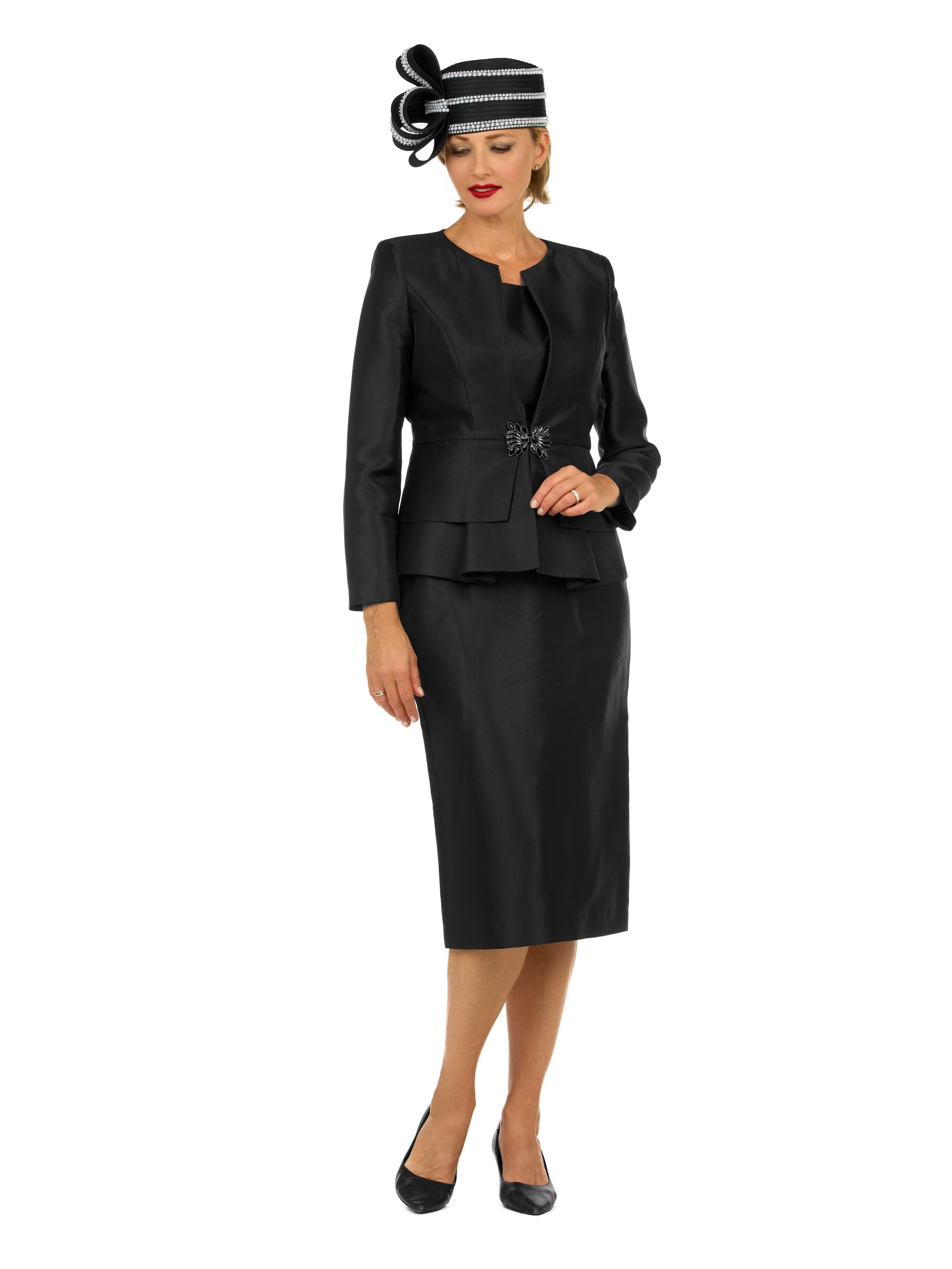 3pc Silky Twill Collarless Peplum Jkt Skt Suit