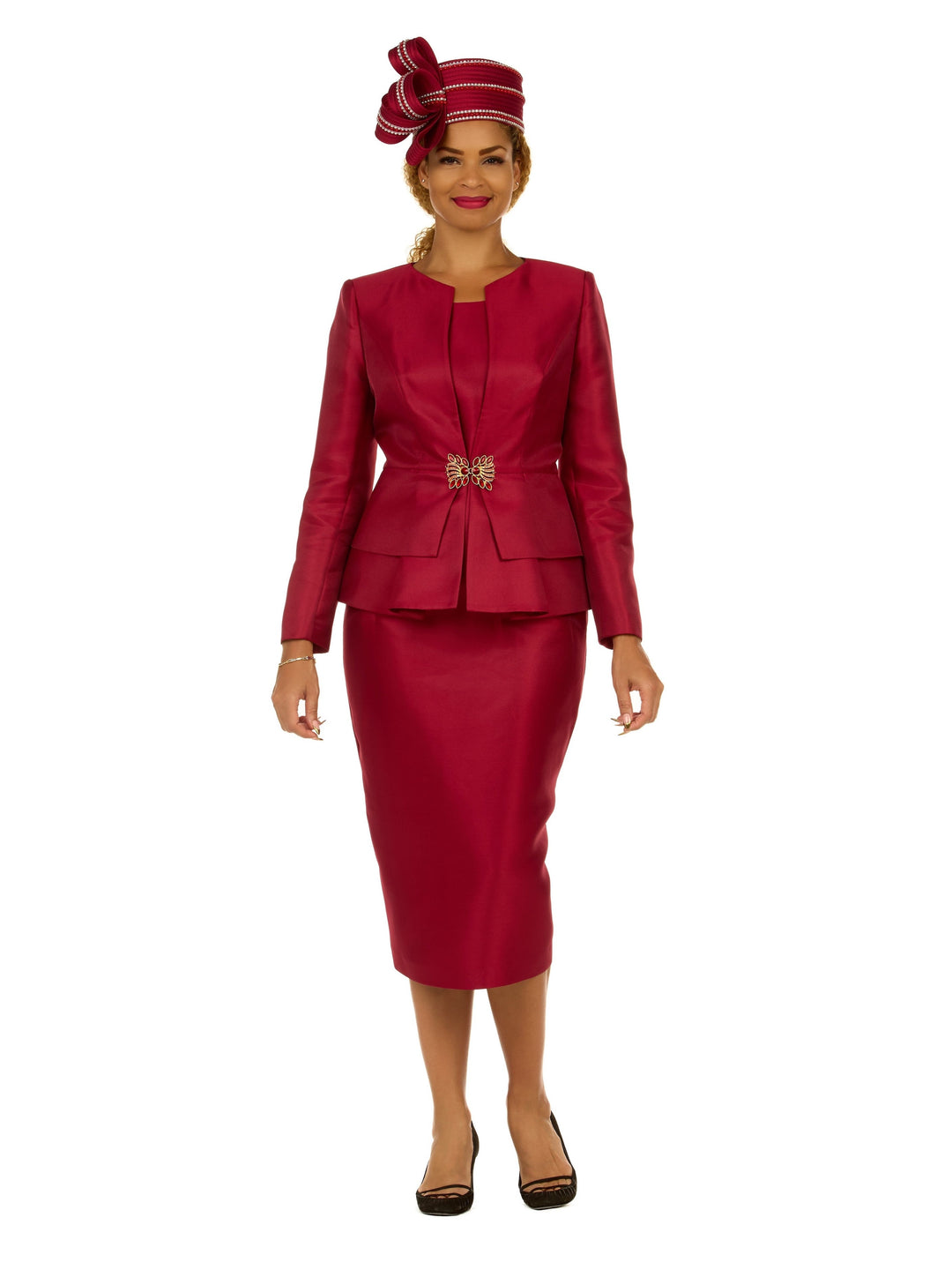 3pc Silky Twill Collarless Peplum Jkt Skt Suit