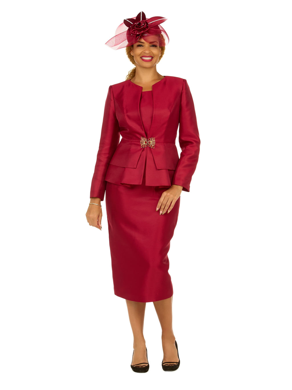 3pc Silky Twill Collarless Peplum Jkt Skt Suit