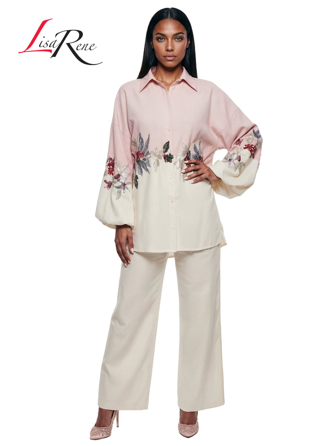 Lisa Rene' , 2Pc. Tunic & Pant Set, Linen/Viscose Fabric Trimmed with Sequin Embroidery. Style 3369