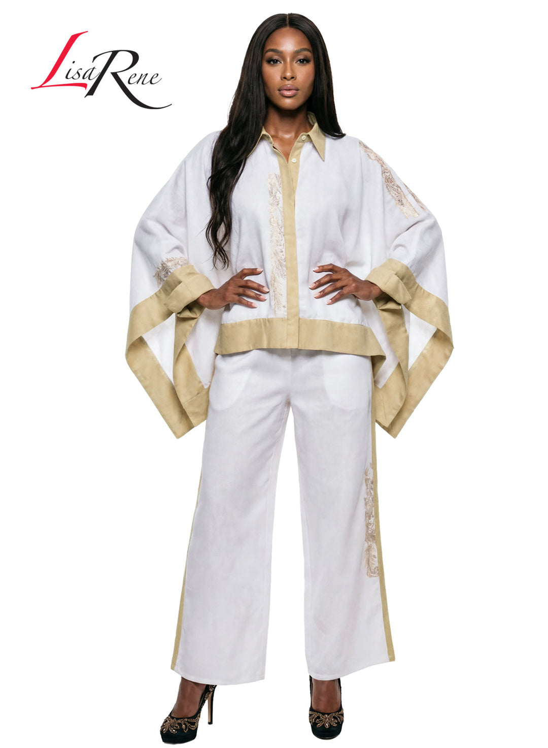 Lisa Rene' , 2Pc. Tunic & Pant Set, Linen/Viscose Fabric Embroidered on Tunic and Pant. Style 3371