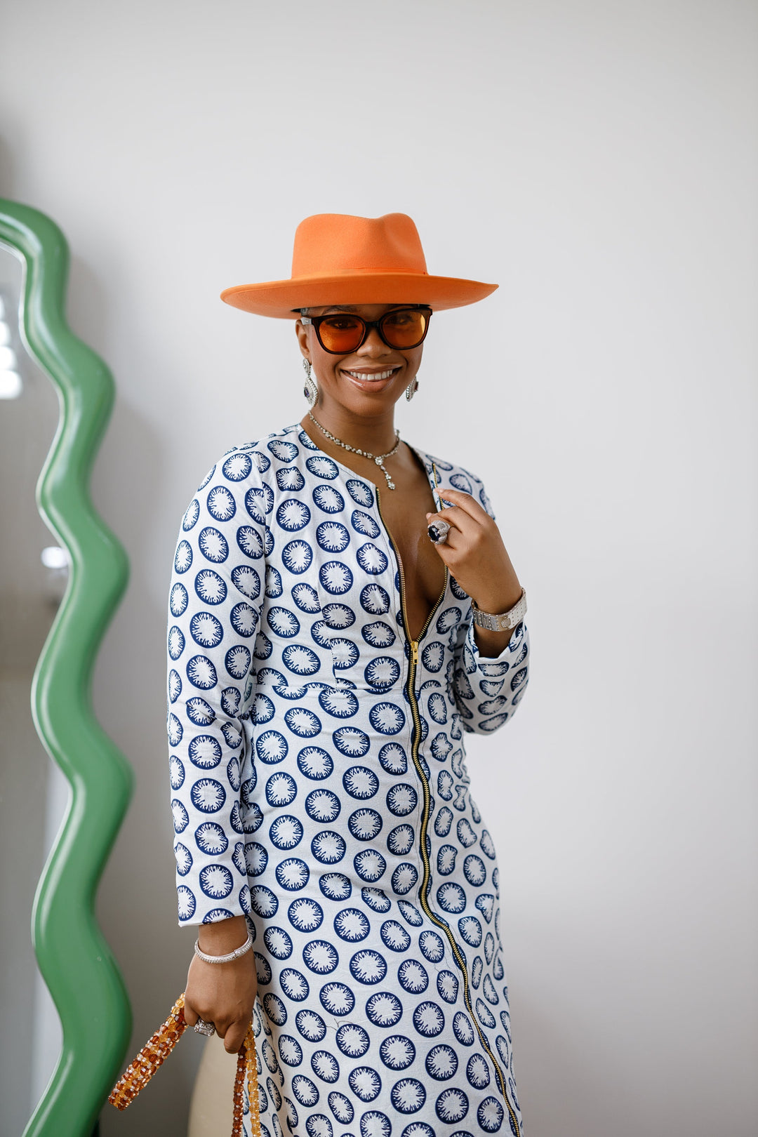 FARIDA AFRICAN PRINT LONG SLEEVE FRONT ZIP MAXI DRESS [WHITE]