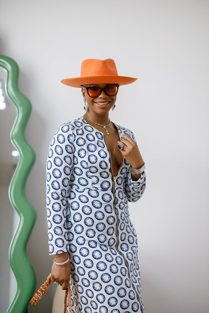 FARIDA AFRICAN PRINT LONG SLEEVE FRONT ZIP MAXI DRESS [WHITE]