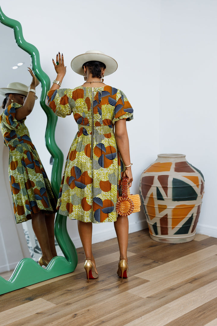 TARAJI AFRICAN PRINT PUFF SLEEVE DRESS----FINAL SALE