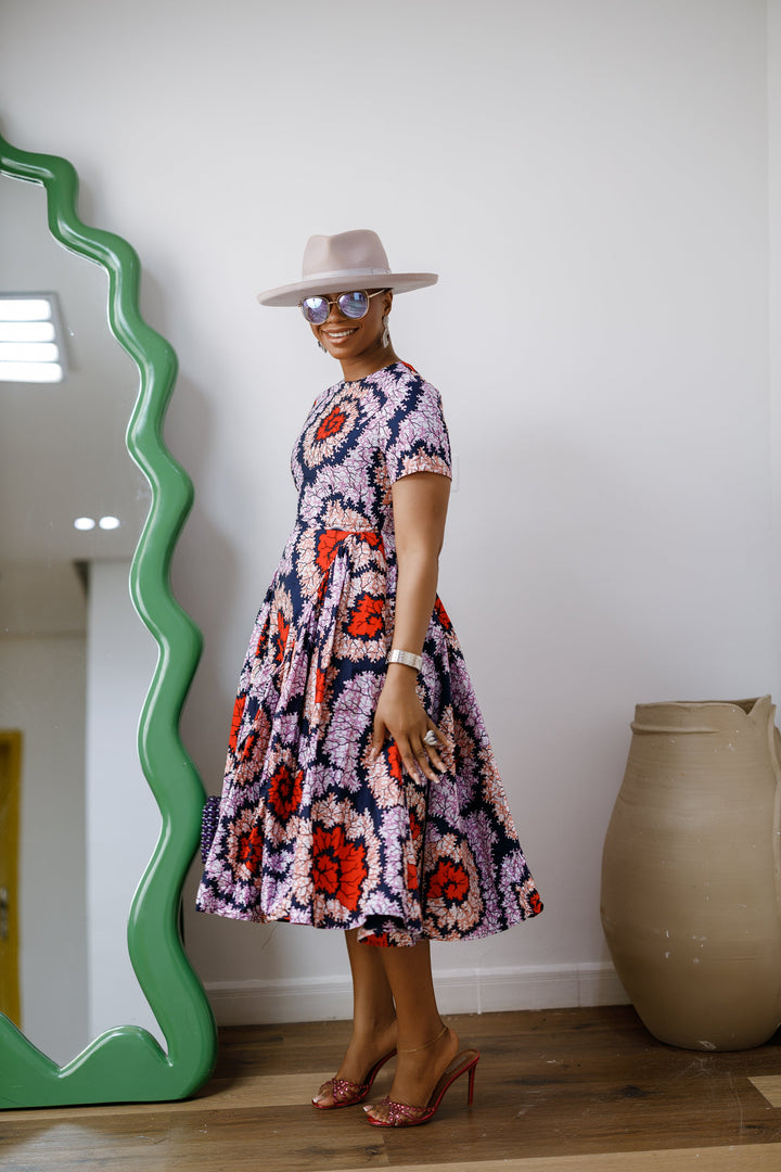 JAYE AFRICAN PRINT FIT-AND-FLARE MIDI DRESS [ORANGE]