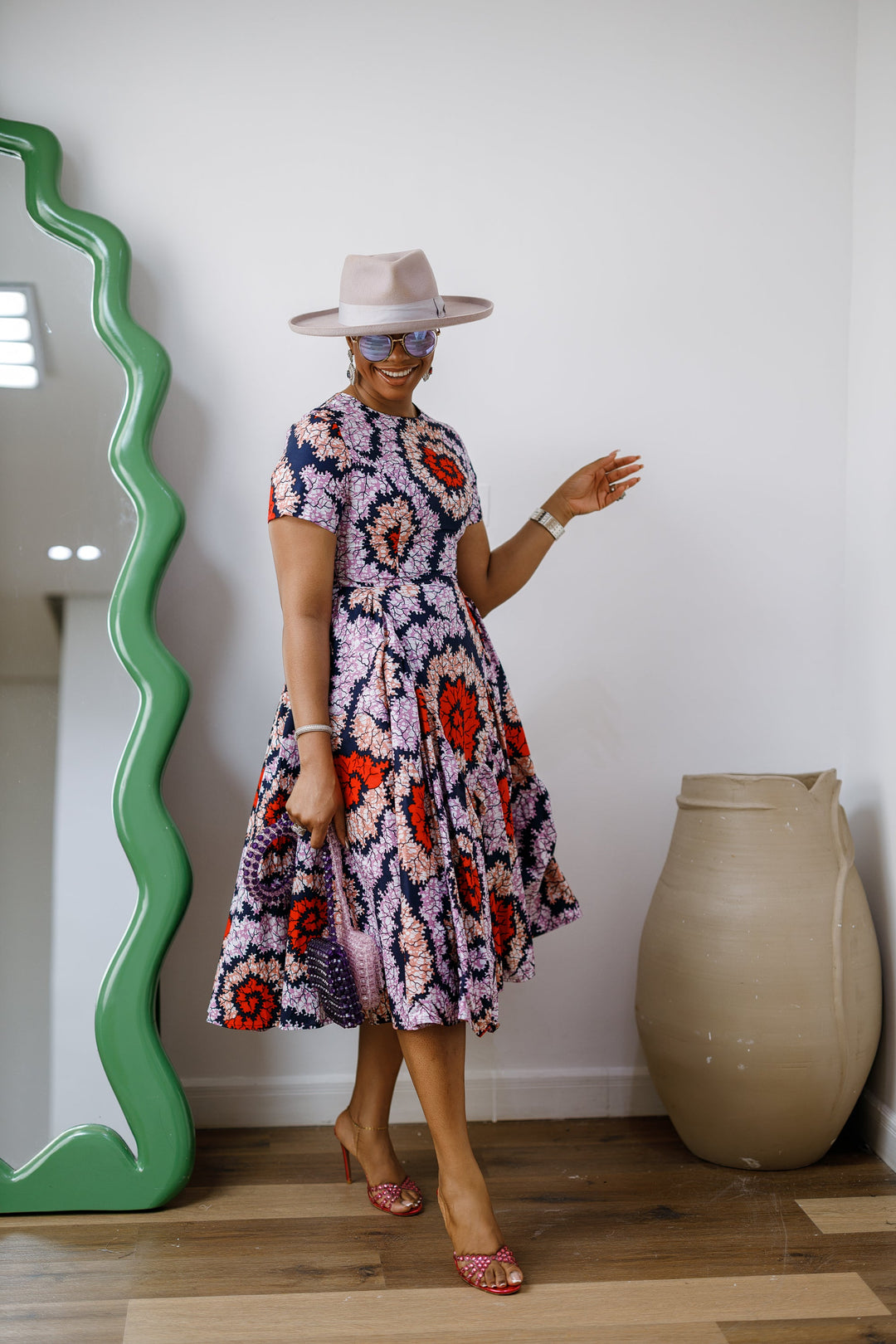 JAYE AFRICAN PRINT FIT-AND-FLARE MIDI DRESS [ORANGE]
