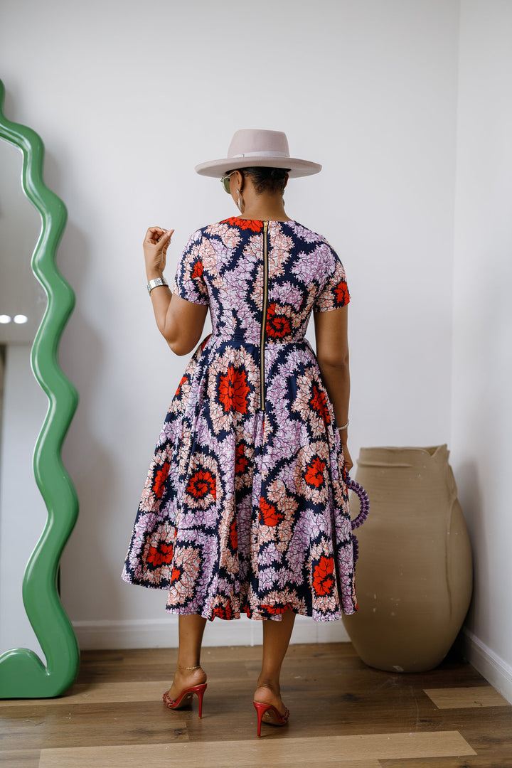 JAYE AFRICAN PRINT FIT-AND-FLARE MIDI DRESS [ORANGE]