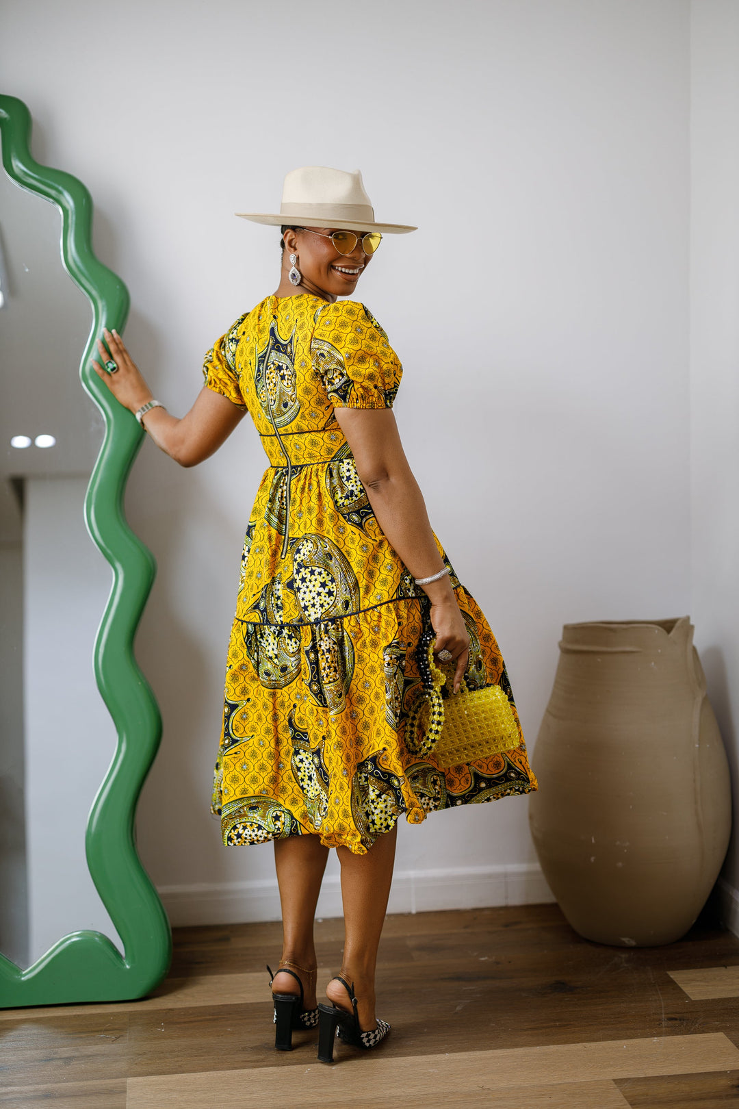 AYO AFRICAN PRINT PUFF-SLEEVE TIERED MIDI DRESS