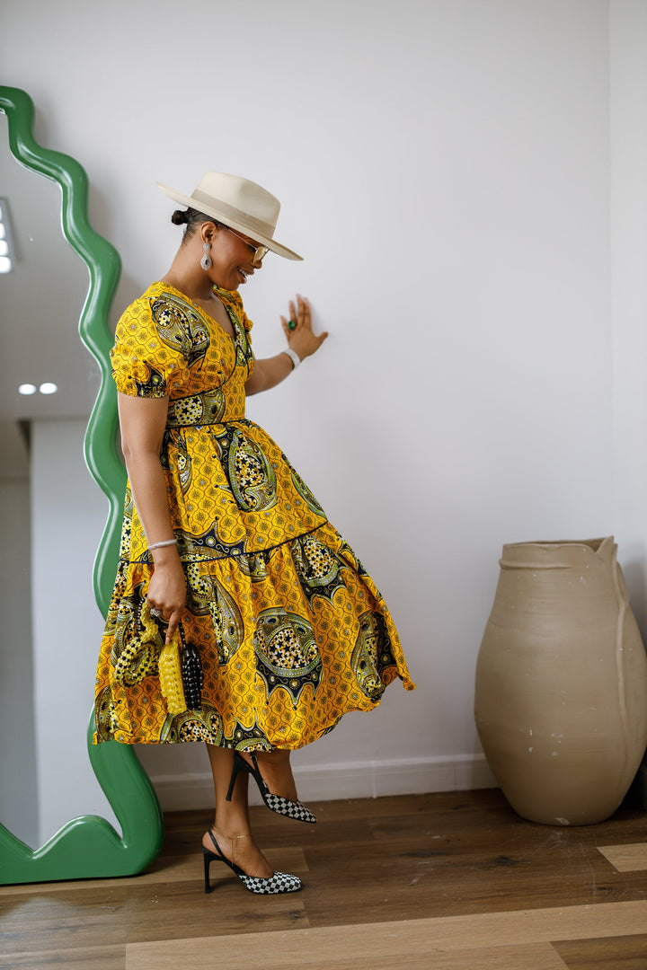 AYO AFRICAN PRINT PUFF-SLEEVE TIERED MIDI DRESS
