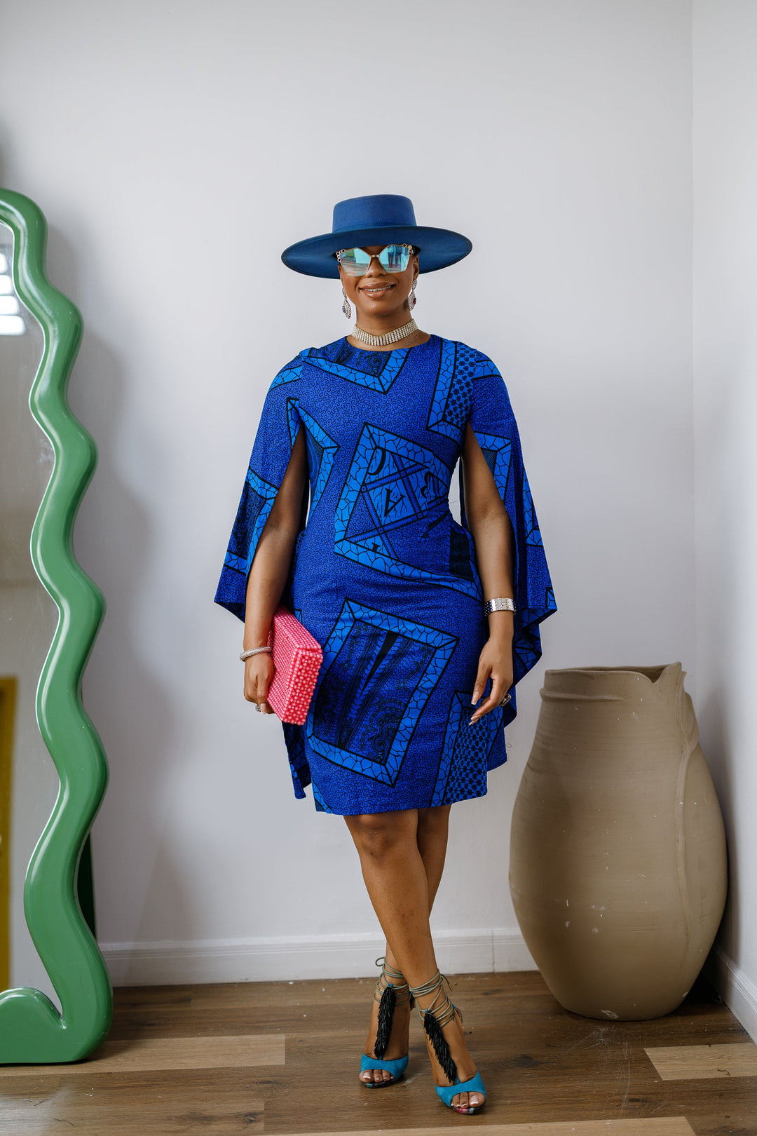 SADE AFRICAN PRINT CAPE SLEEVE MIDI DRESS [BLUE]