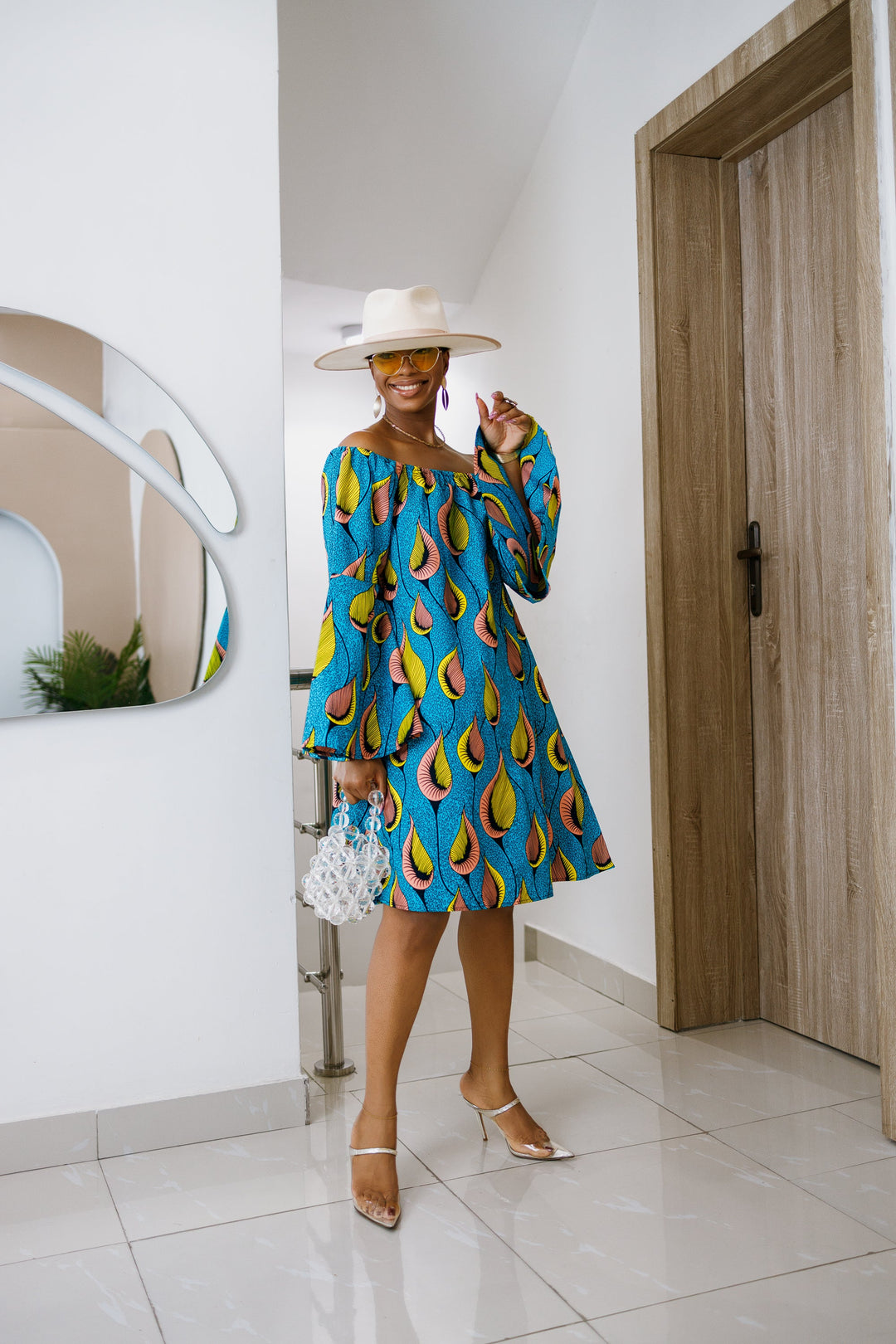 TIYE AFRICAN PRINT OFF SHOULDER DRESS [TEAL]