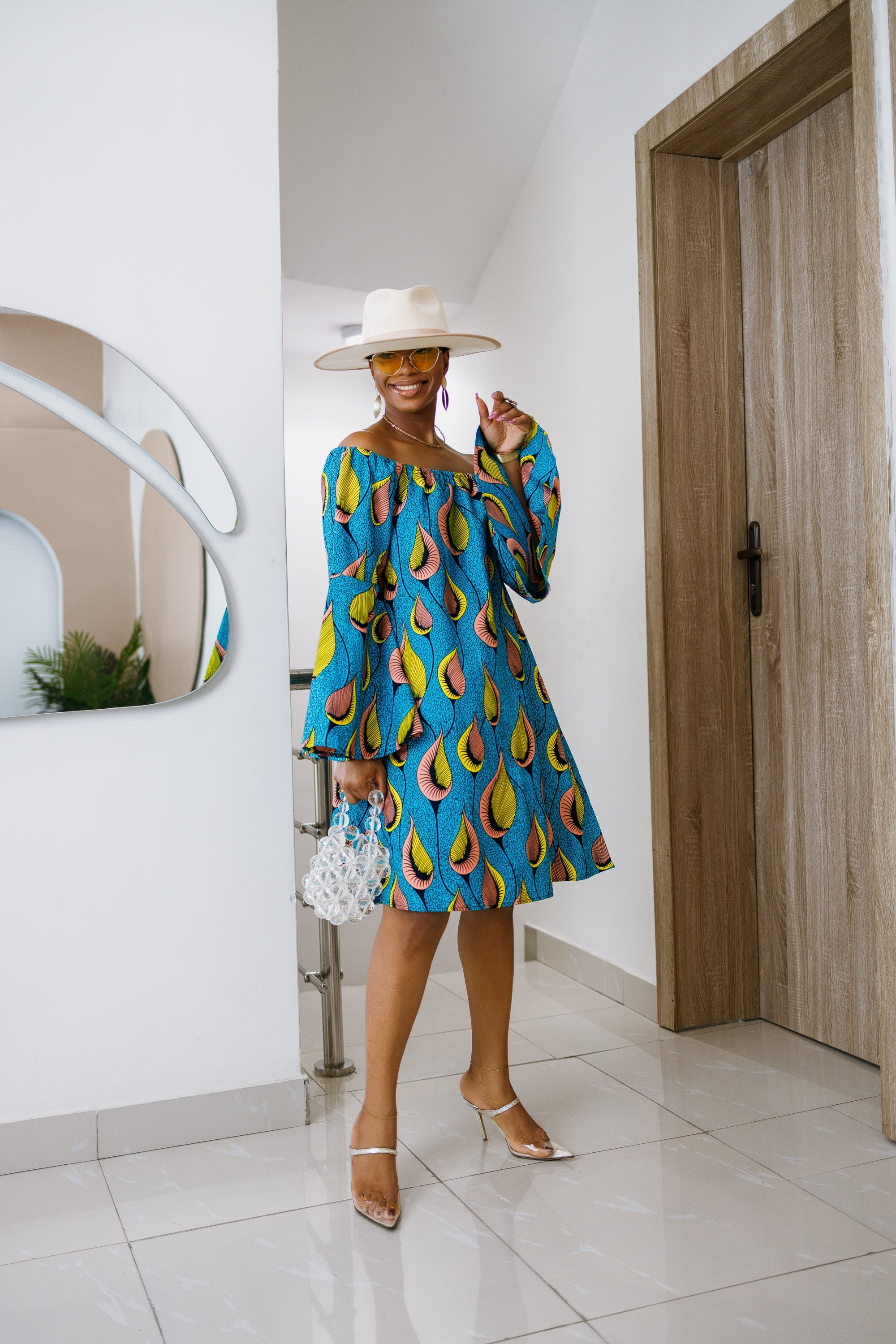 TIYE AFRICAN PRINT OFF SHOULDER DRESS [TEAL]