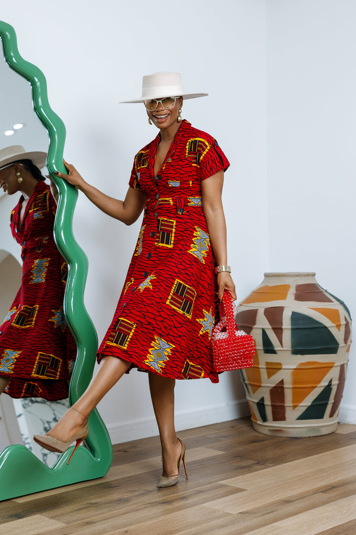 JULIET AFRICAN PRINT MIDI DRESS [RED]---- FINAL SALE
