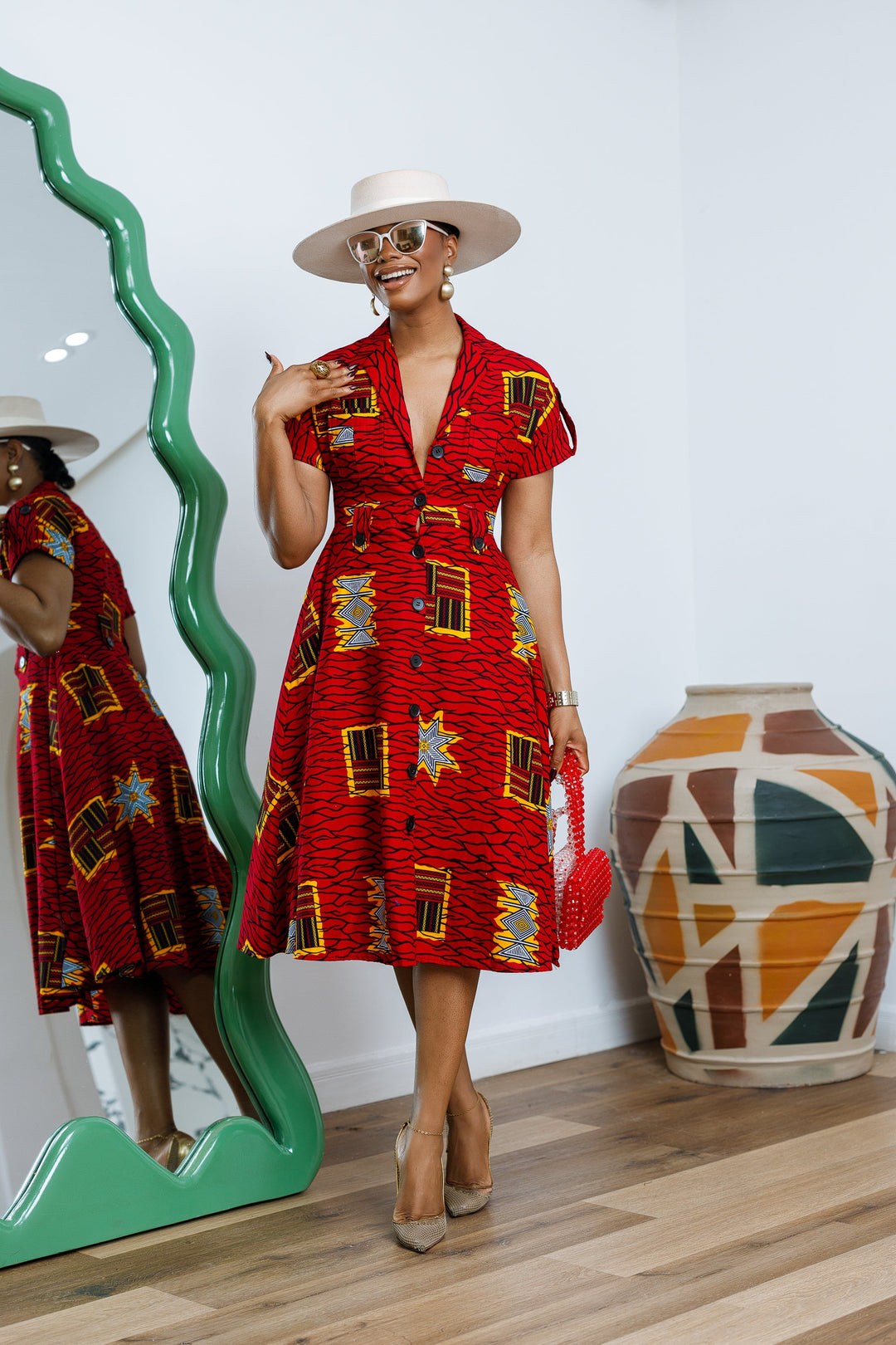 JULIET AFRICAN PRINT MIDI DRESS [RED]---- FINAL SALE