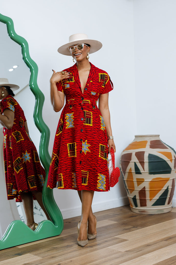 JULIET AFRICAN PRINT MIDI DRESS [RED]---- FINAL SALE