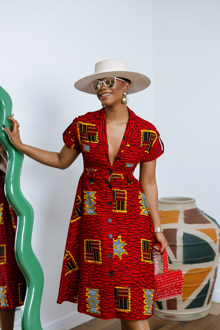 JULIET AFRICAN PRINT MIDI DRESS [RED]---- FINAL SALE
