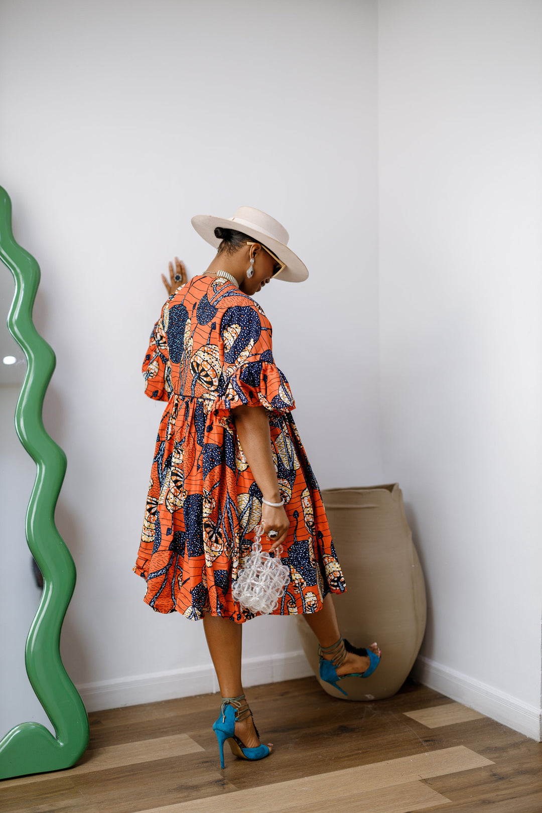 MILA AFRICAN PRINT FLOWY MIDI DRESS [ORANGE]