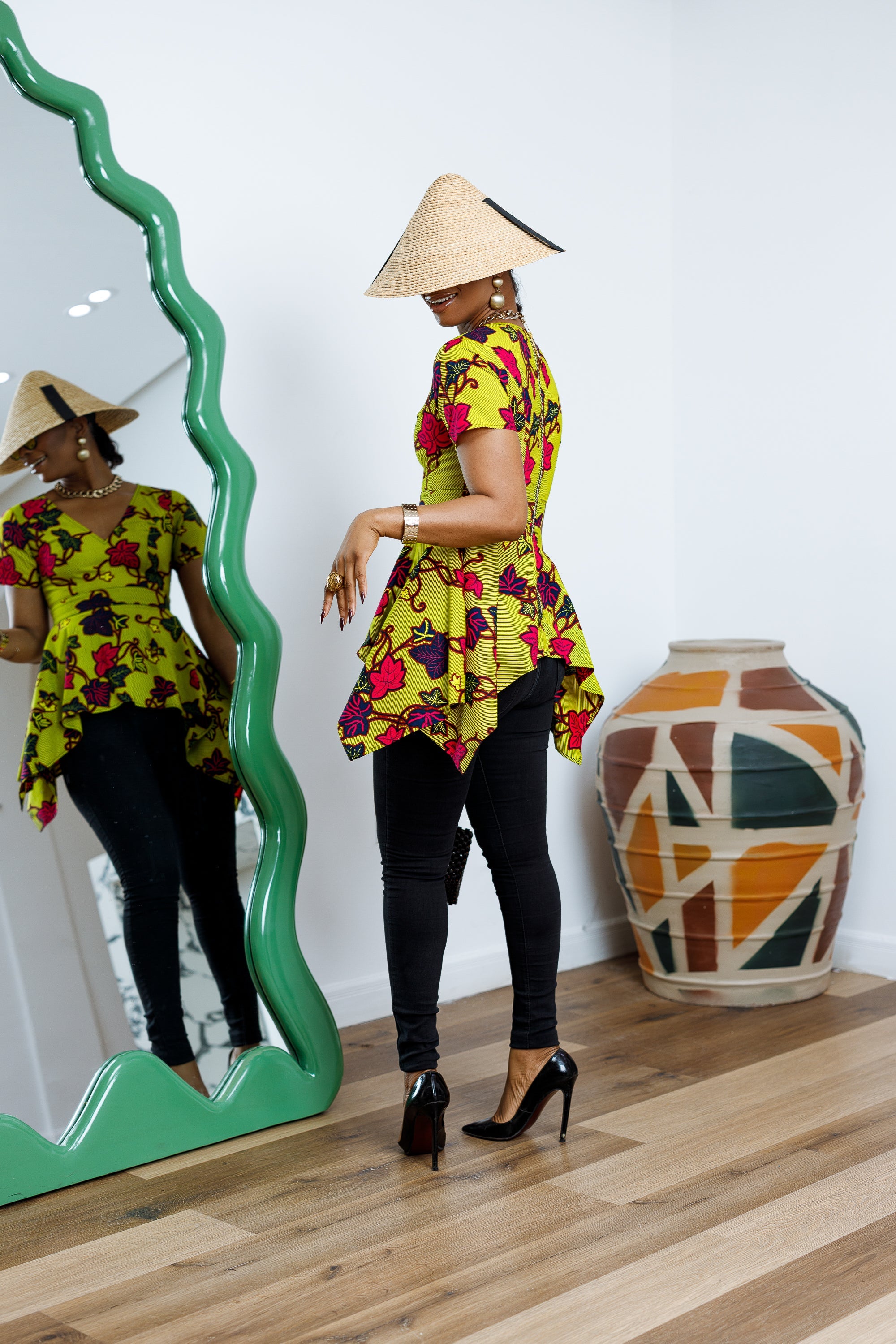 EBUN AFRICAN PRINT ASYMMETRIC PEPLUM TOP [GREEN]