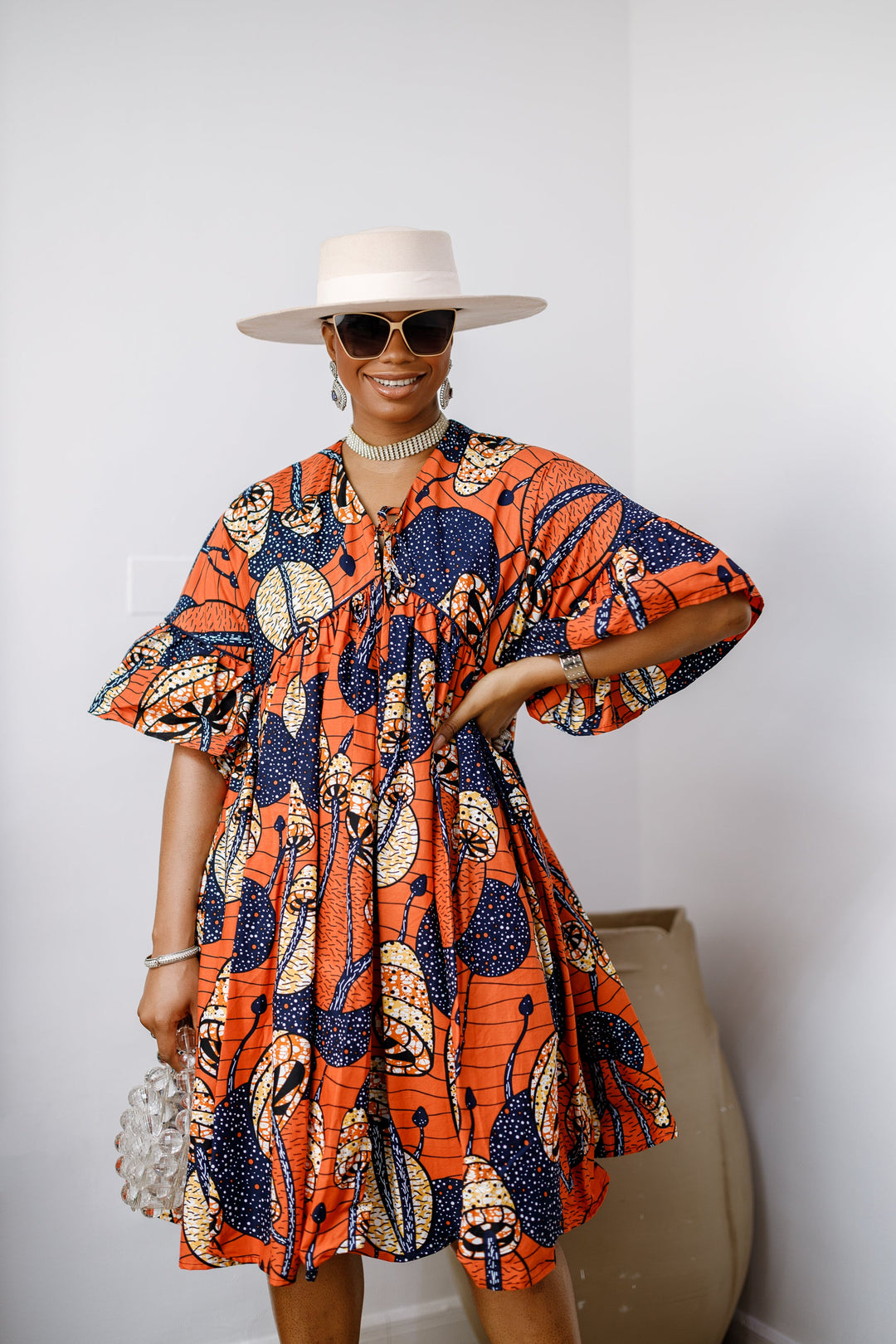 MILA AFRICAN PRINT FLOWY MIDI DRESS [ORANGE]