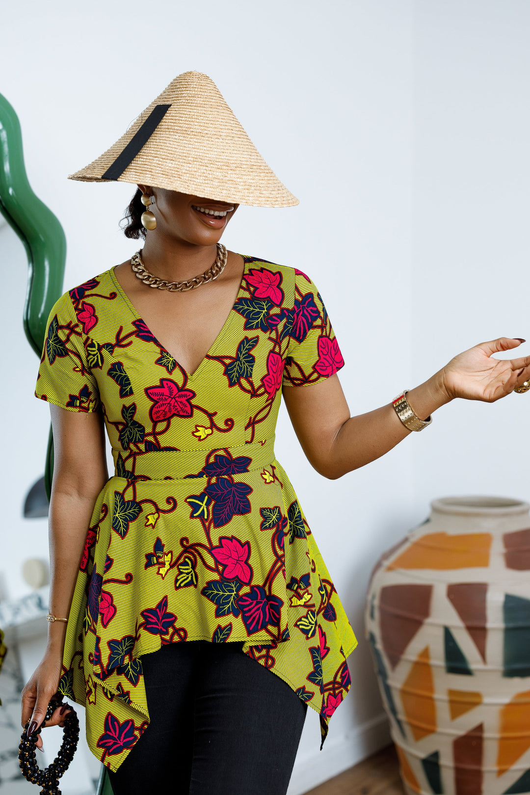 EBUN AFRICAN PRINT ASYMMETRIC PEPLUM TOP [GREEN]