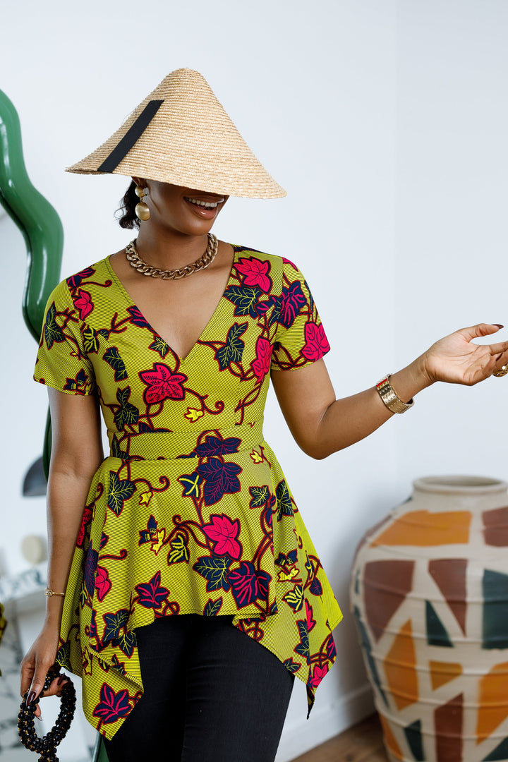 EBUN AFRICAN PRINT ASYMMETRIC PEPLUM TOP [GREEN]