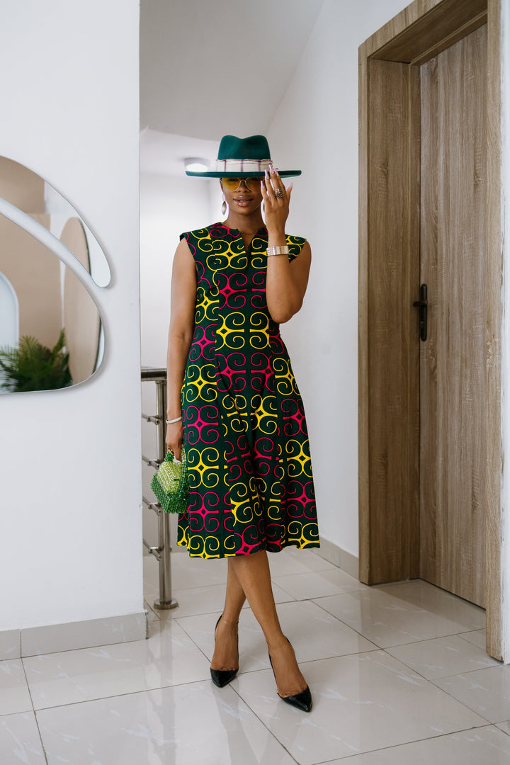 RAISA AFRICAN PRINT SLEEVELESS MIDI DRESS