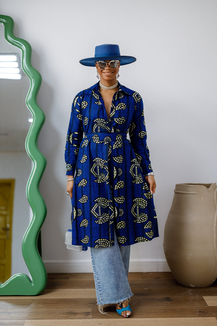 RHODA AFRICAN PRINT LONGLINE SHIRT [BLUE]