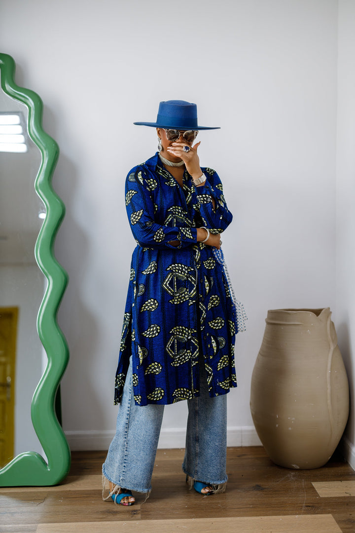 RHODA AFRICAN PRINT LONGLINE SHIRT [BLUE]