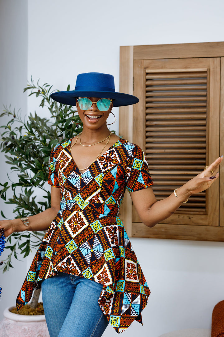 EBUN AFRICAN PRINT ASYMMETRIC PEPLUM TOP