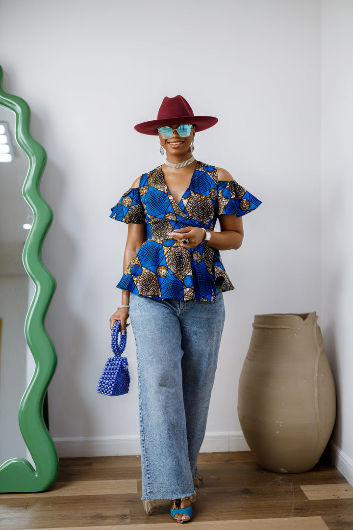 JEMIMA AFRICAN PRINT COLD SHOULDER WRAP TOP [BLUE]