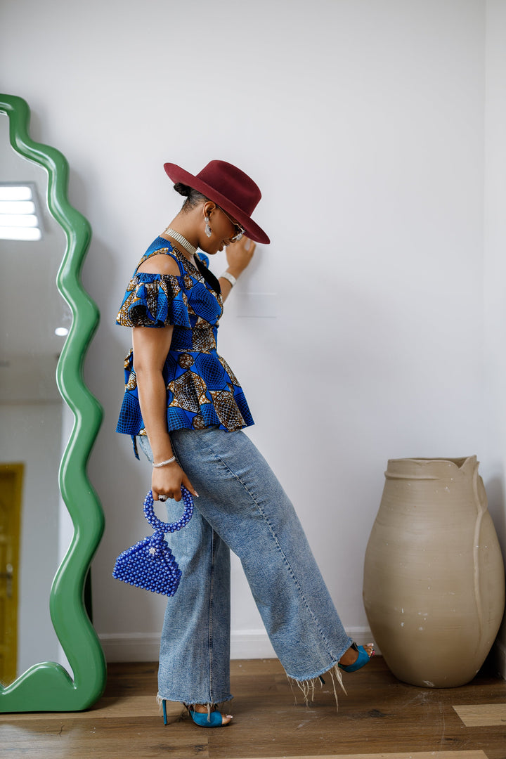JEMIMA AFRICAN PRINT COLD SHOULDER WRAP TOP [BLUE]