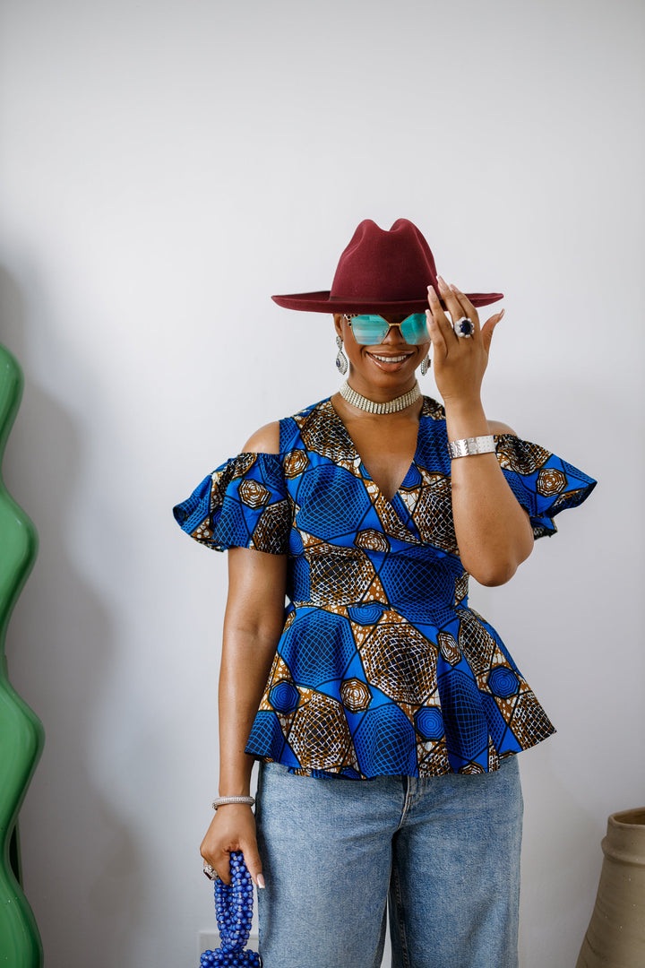 JEMIMA AFRICAN PRINT COLD SHOULDER WRAP TOP [BLUE]