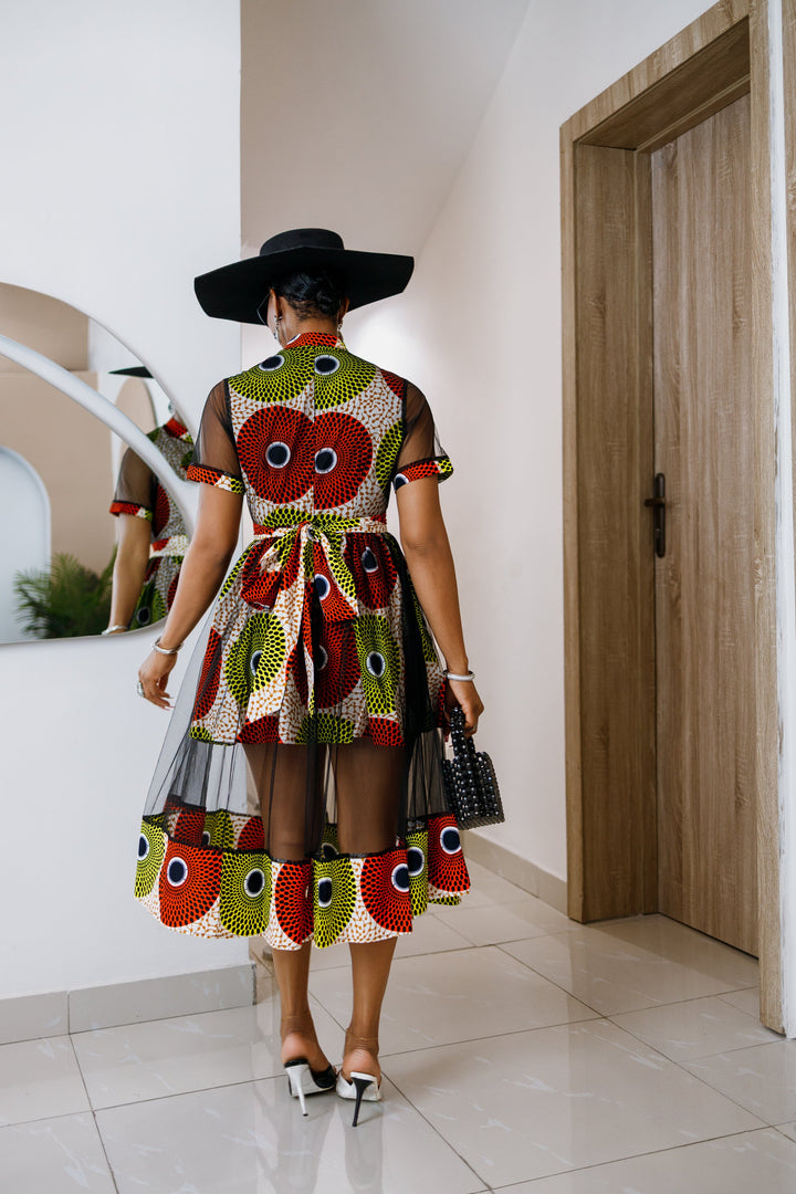 VALENTINA AFRICAN PRINT BUTTON MESH DRESS [MULTICOLOR]