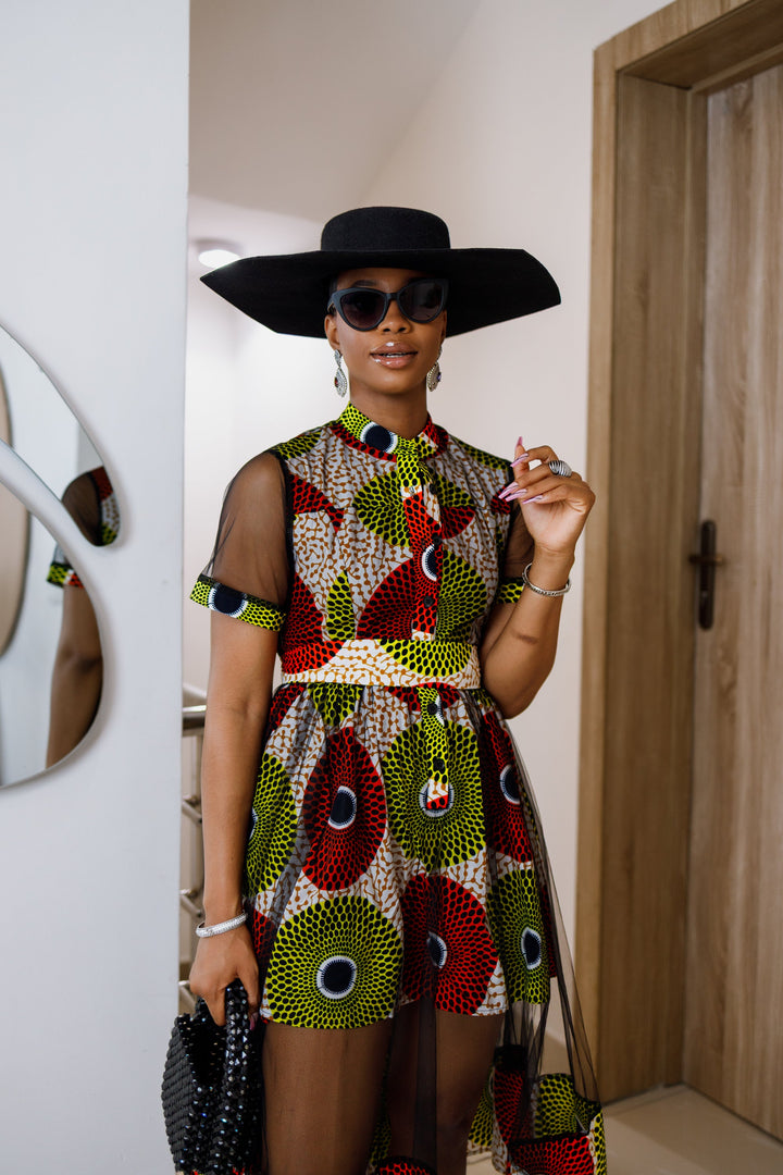 VALENTINA AFRICAN PRINT BUTTON MESH DRESS [MULTICOLOR]