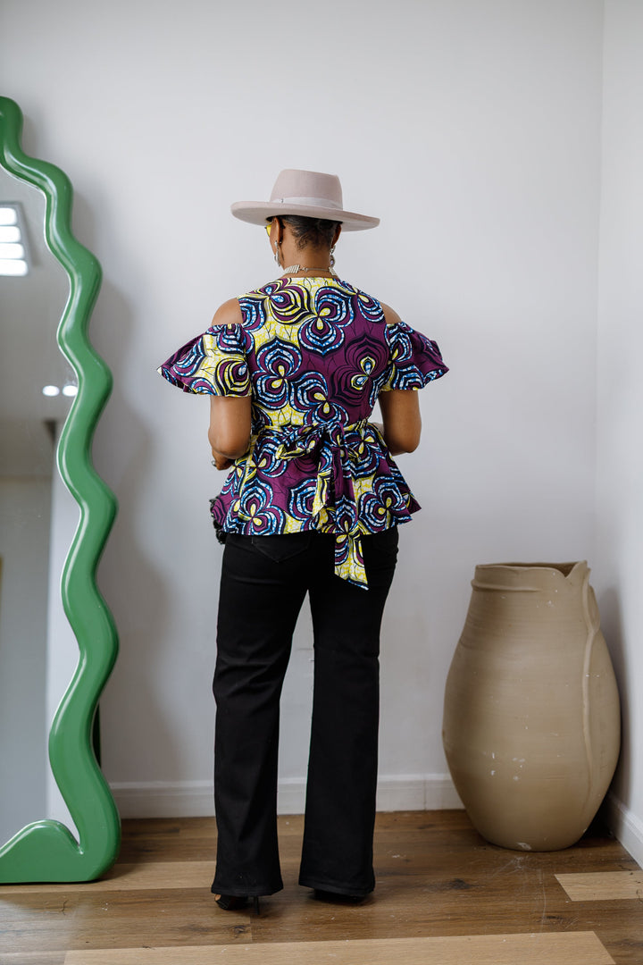 JEMIMA AFRICAN PRINT COLD SHOULDER WRAP TOP [PURPLE]