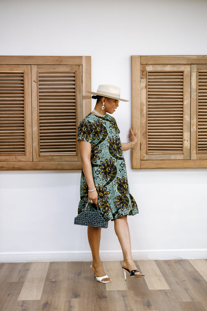 BIMI AFRICAN PRINT TIERED MIDI DRESS