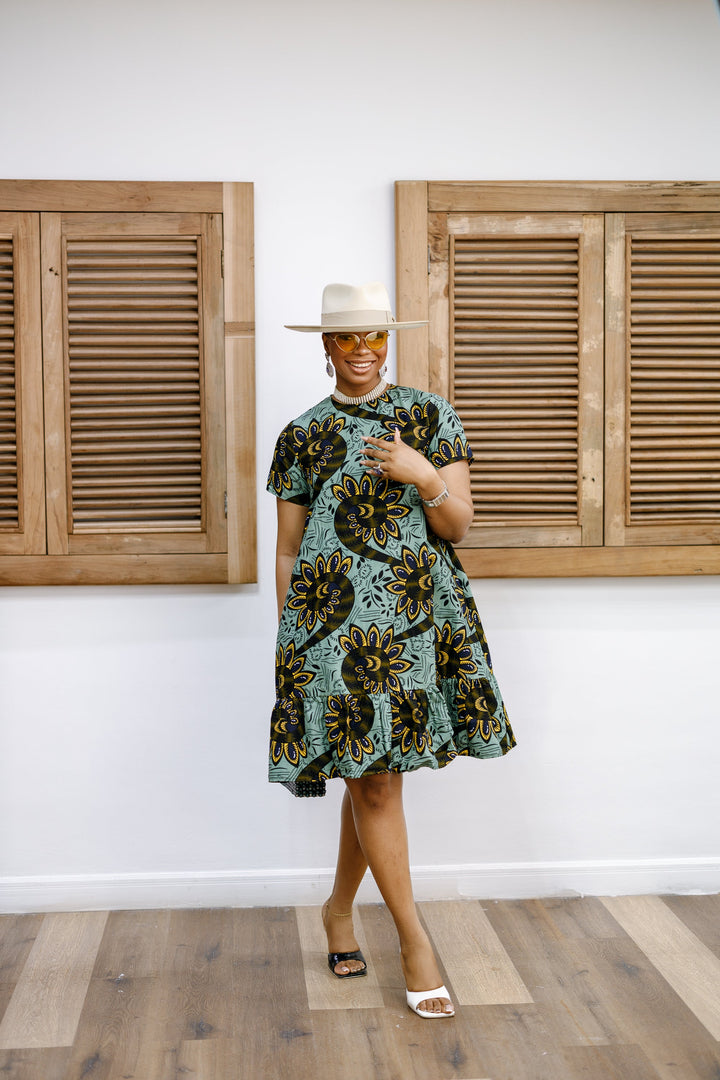 BIMI AFRICAN PRINT TIERED MIDI DRESS