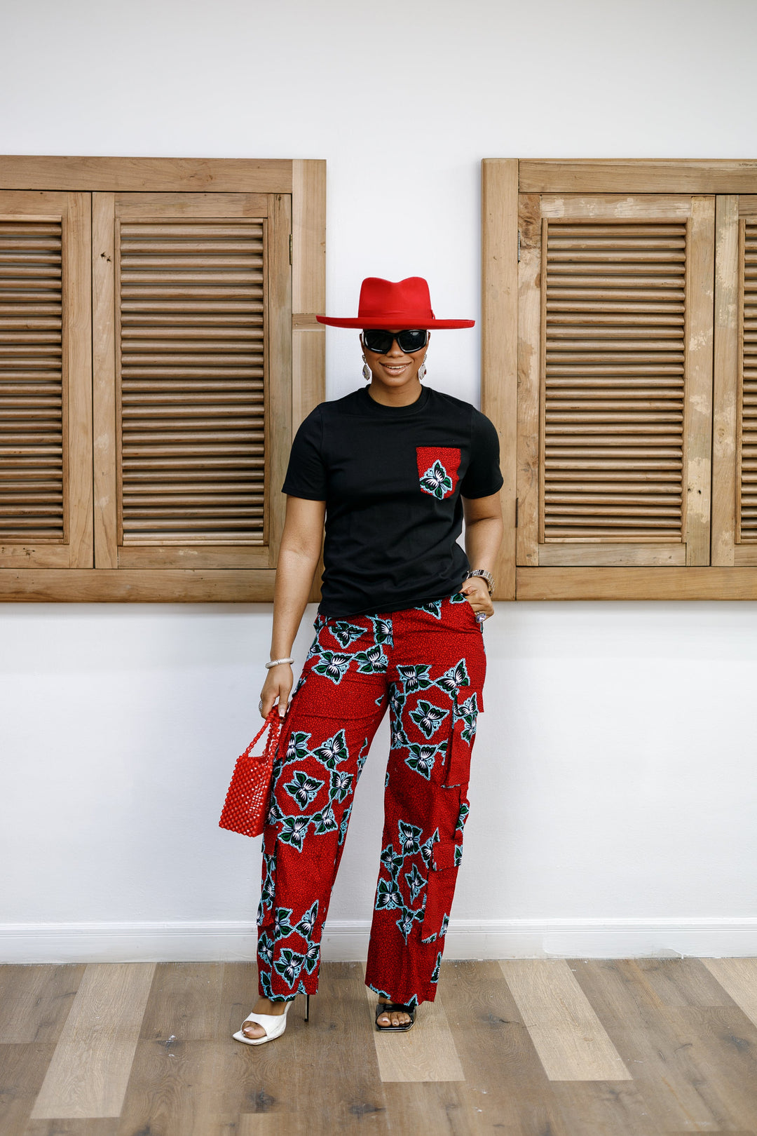NKEM AFRICAN PRINT CARGO PANTS AND T-SHIRT SET [RED]