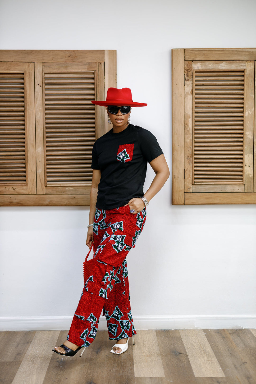 NKEM AFRICAN PRINT CARGO PANTS AND T-SHIRT SET [RED]