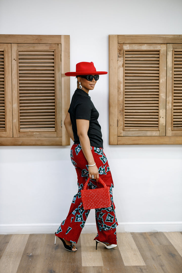 NKEM AFRICAN PRINT CARGO PANTS AND T-SHIRT SET [RED]