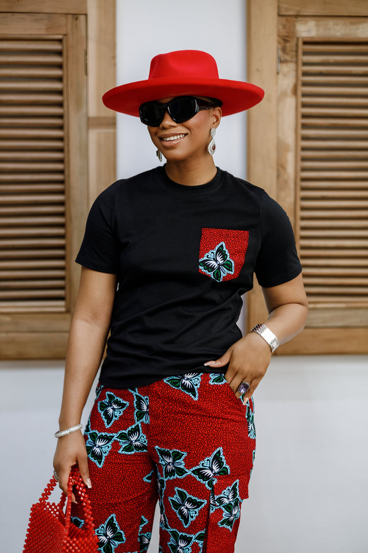 NKEM AFRICAN PRINT CARGO PANTS AND T-SHIRT SET [RED]