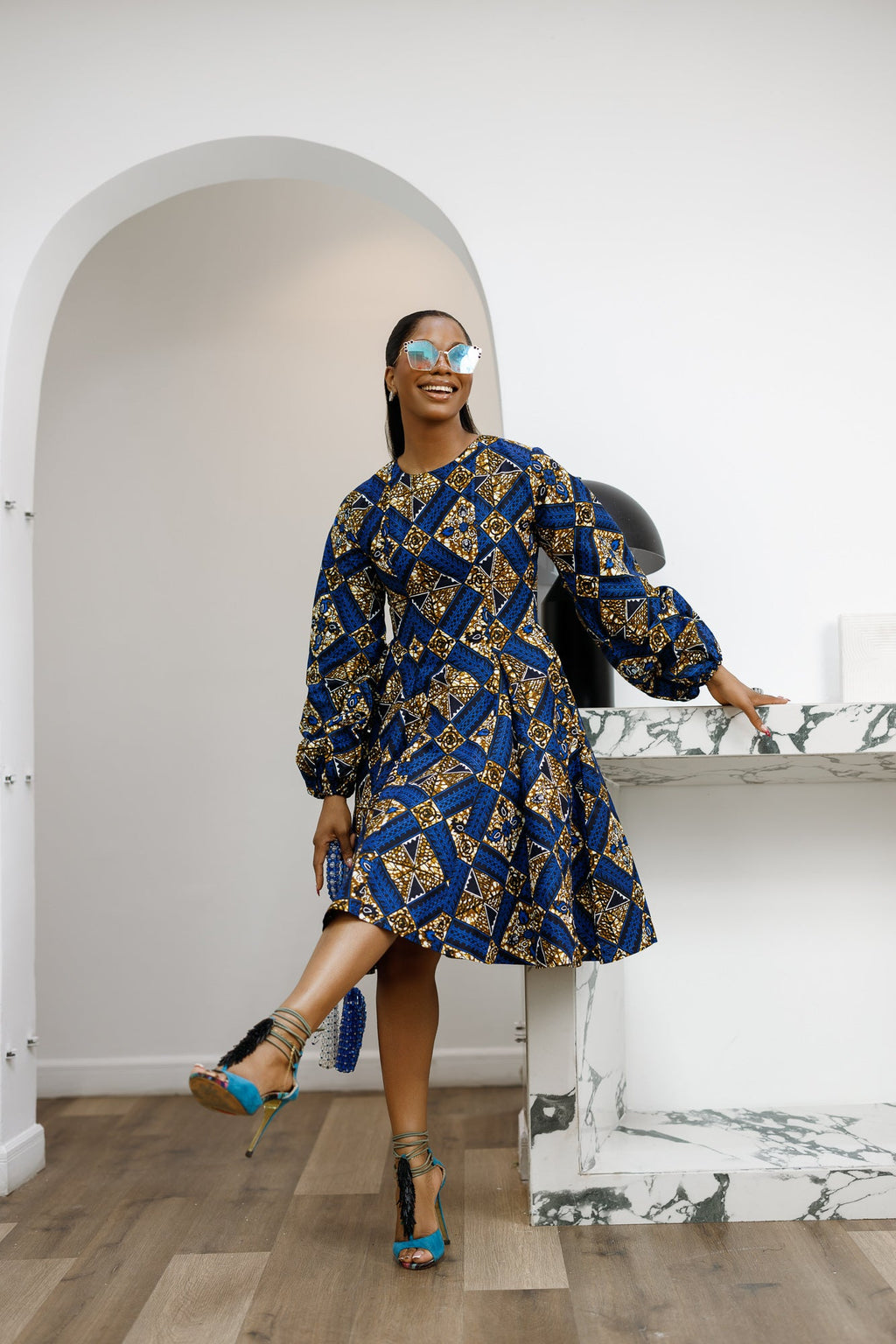 TITI AFRICAN PRINT PUFF SLEEVE DRESS [BLUE]