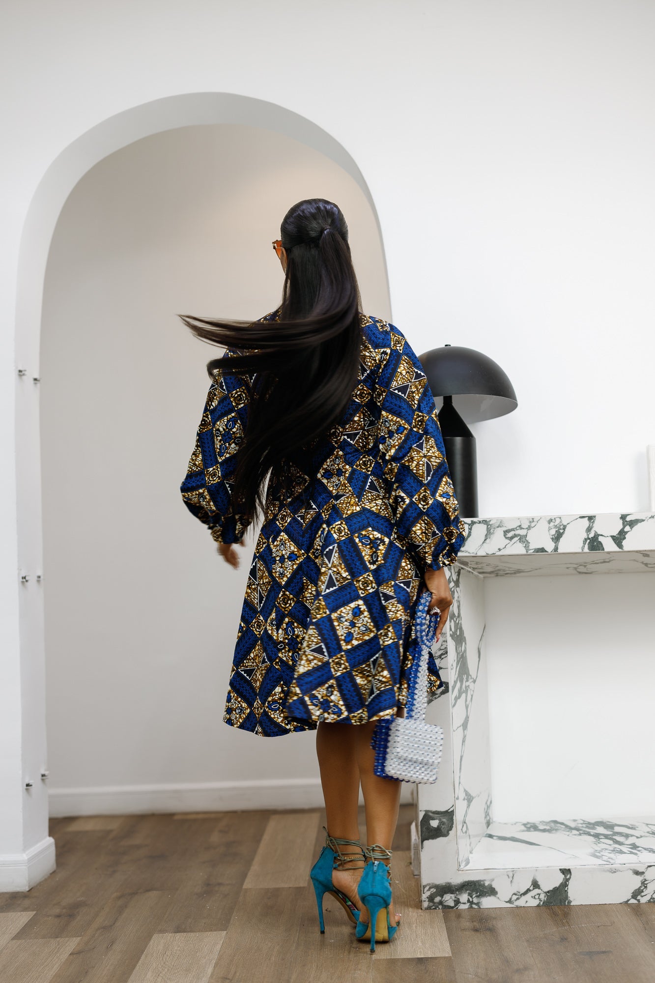 TITI AFRICAN PRINT PUFF SLEEVE DRESS [BLUE]