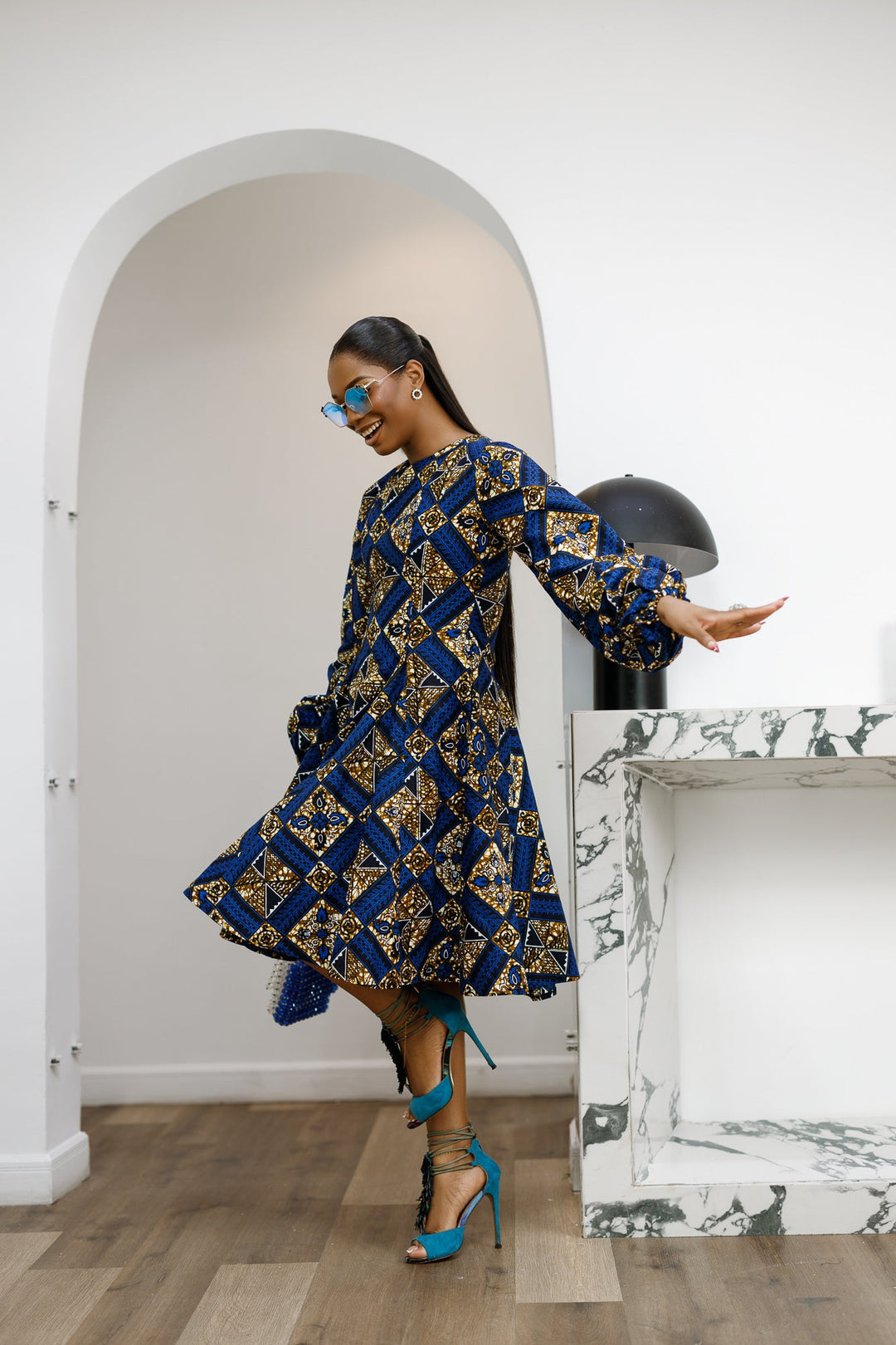TITI AFRICAN PRINT PUFF SLEEVE DRESS [BLUE]