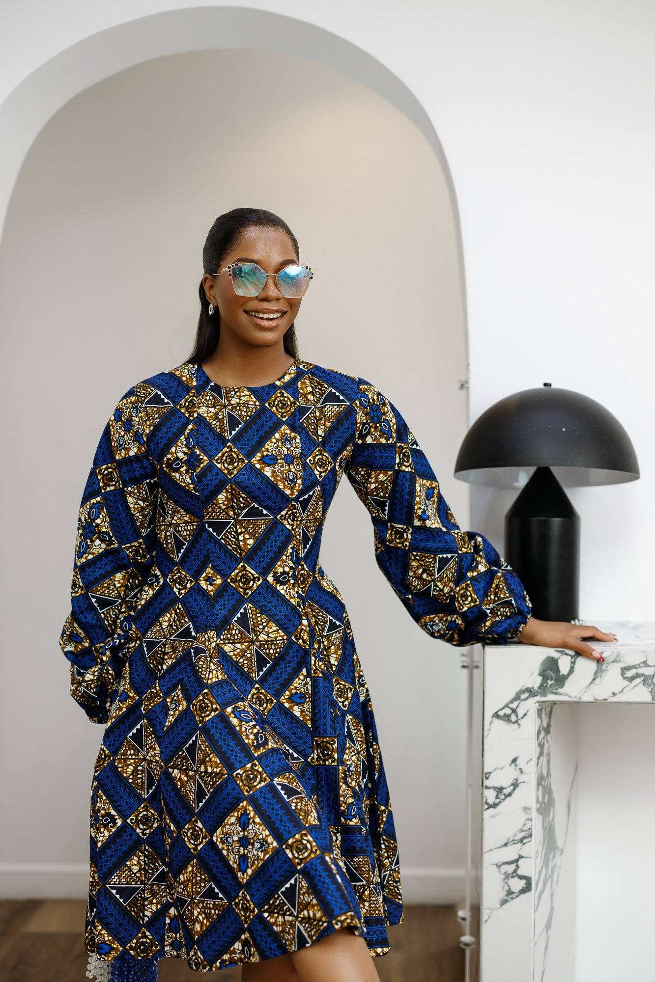 TITI AFRICAN PRINT PUFF SLEEVE DRESS [BLUE]